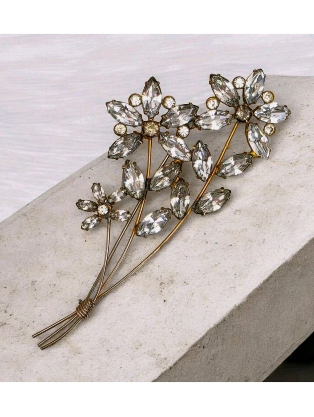 Vintage Mid Century Large Floral Bouquet Brooch Rhinestone Flower Spray 5"